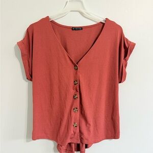 Button-Front V-Neck Short Sleeve Top in Terracotta